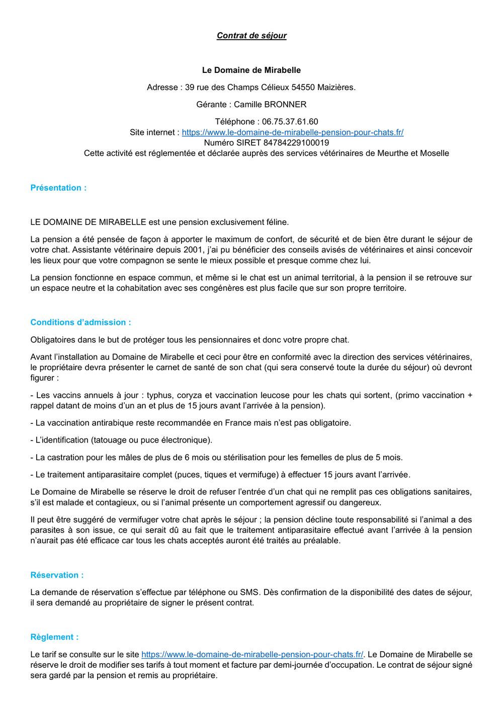 Contrat de séjour — page 1