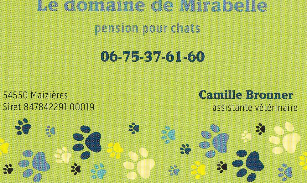 Carte de visite — Le Domaine de Mirabelle, pension pour chats · Camille Bronner · 06 75 37 61 60